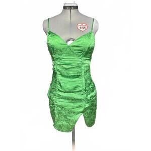 NWOT Sky to Moon Green Satin Ruched Mini Dress with Spaghetti Straps